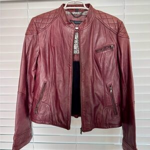La Marque Burgundy Leather Moto Jacket Quilted Shoulders Zip Pockets